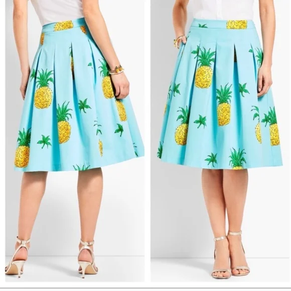 Talbots Pineapple Print Pleated Skirt Fit & Flare Teal Yellow Tropical size 12P - Picture 1 of 9
